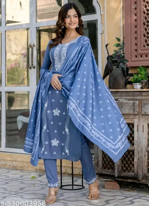 Blue Cotton kurta set with dupatta (S)