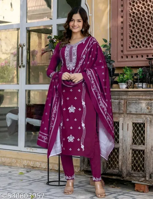 Dark Pink Cotton kurta set with dupatta (S)