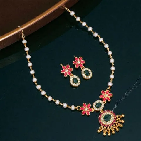 Traditional gold tone Blue Enamel Pearl Necklace With Earings